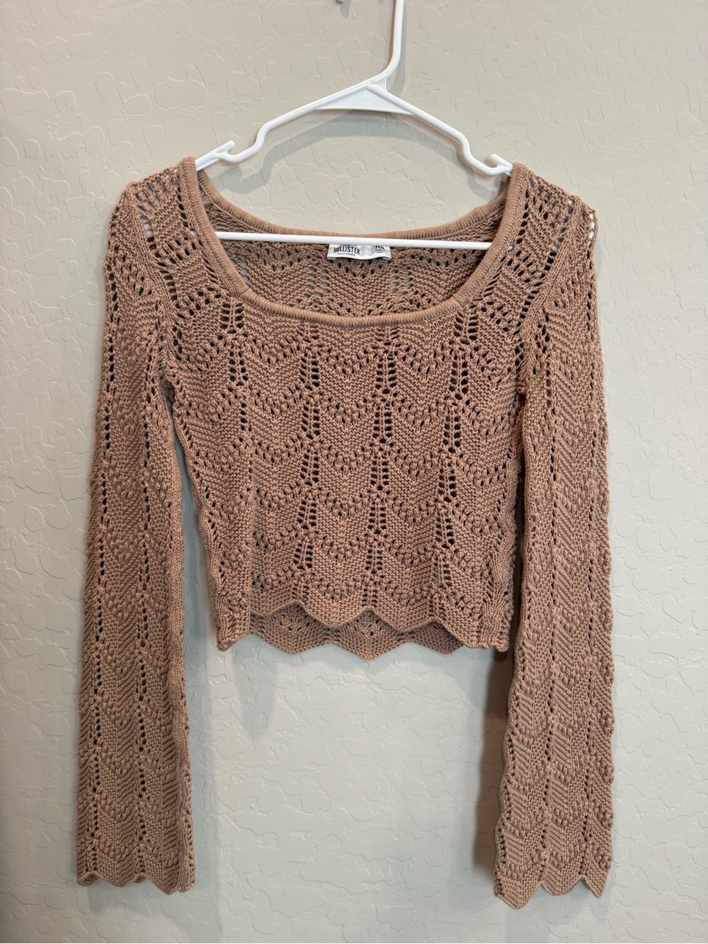 Hollister Women's Crochet Knit Long Sleeve Cropped Top - Taupe Brown